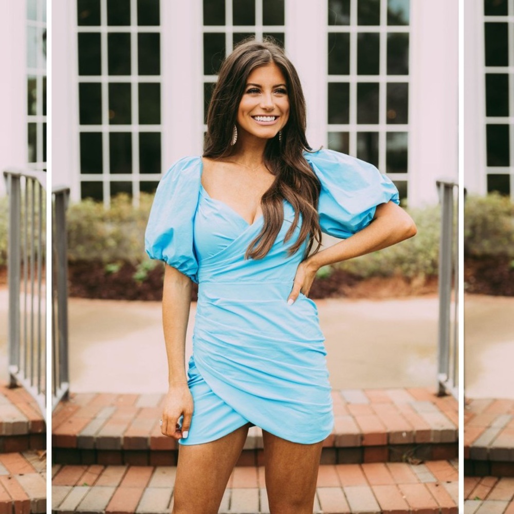 THESE THREE BOUTIQUE Blue Puff Sleeve Dress Small
